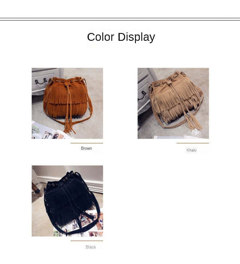 Fashion Retro Faux Suede Fringe Women Messenger Bags Tote New Handbag Tassel Shoulder Handbags Crossbody Bag Tassel Bucket