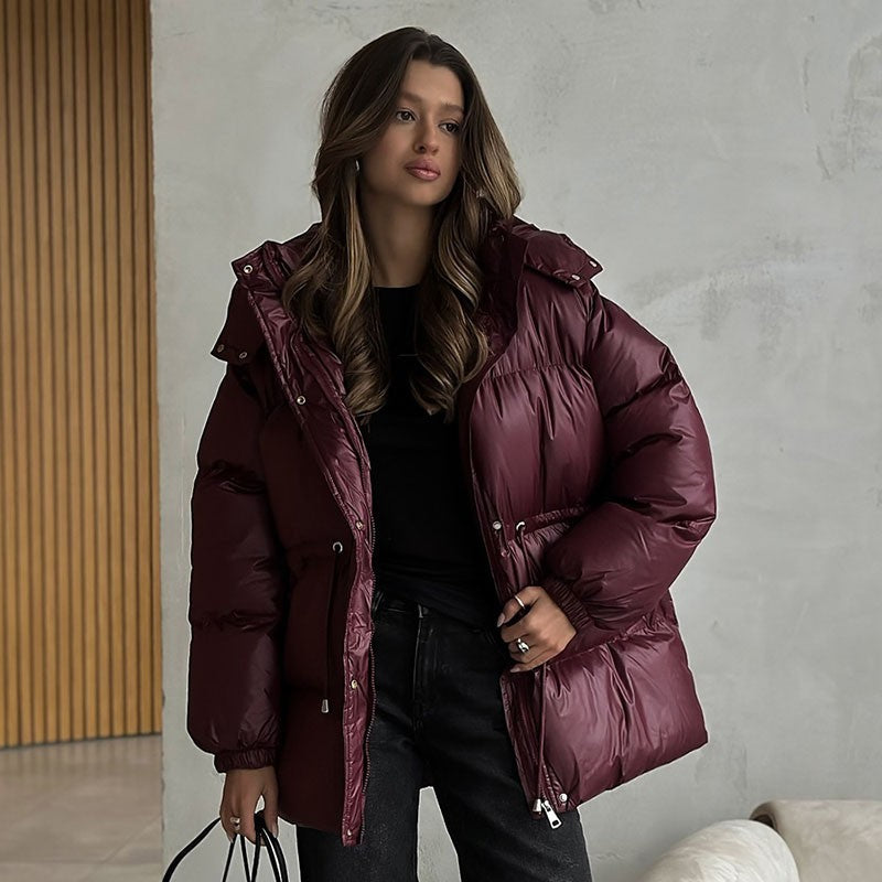 Glossy Shiny Women 's Down Jackets Vintage Hooded Zipper Puffer Full Sleeve Jackets For Woman 2025 Woman Winter Coats Outwears