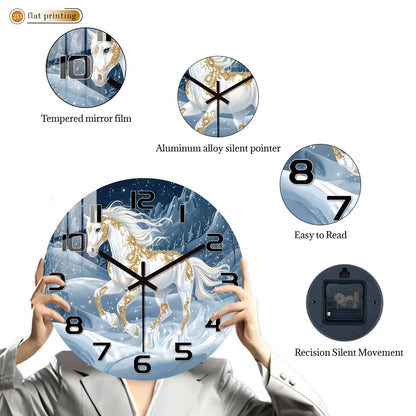 White Horse Snowy Landscape Wall Clock, Golden Ornamental Winter Scene, Festive Dreamy Unicorn-Inspired Home Decor