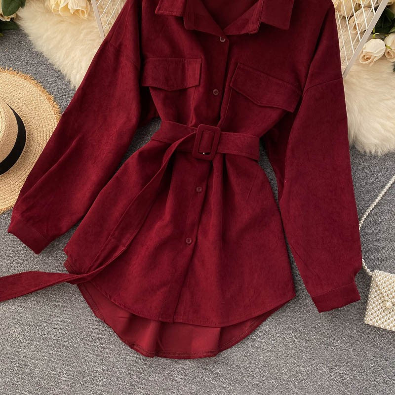 Women Spring Autumn Shirts Retro Cargo Style Pockets Long-Sleeved Shirt Puff Sleeve Bandage Nipped Waist Tops Female PL438