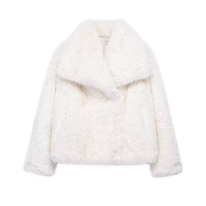 HH 2025 Vintage Women Cropped Faux Fur Jacket Long Sleeve Turn-Down Collar Female Plush Wool Coats Chic Lady Fur Outerwear