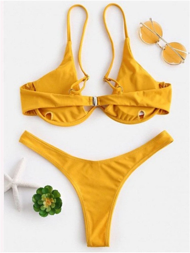 Sexy Underwire Bikini 2025 Mujer Women Solid Red Push Up Bra Thong Swimsuit Haler V Neck Bathing Suit Mini Micro Thong Swimwear