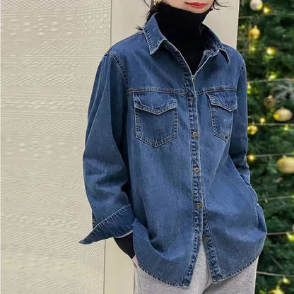Korean Women Long Sleeve Jeans Shirt With Bottom Tops Coat Retro Style Female Spring Loose Cowboy Cardigan Blouse Denim  Jacket