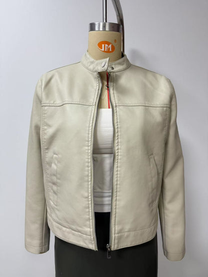 Black Women's Fitted Leather Jacket with Front Zipper & Side Pockets?, Available in Brown, Navy Blue, and Beige.