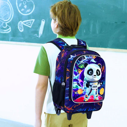 Rolling panda Backpack for Boys, Kids Roller Wheels School Bookbag with Lunch Bag, Wheeled School Bag for Children