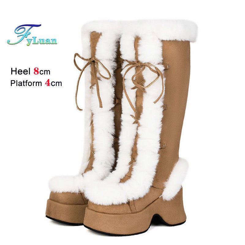 8CM Chunk Heels Winter Warm Knee High Boots Women Snow Short Plush Platform Boots Faux Fur Cosplay Lace-up Long Shoes Size 34-43