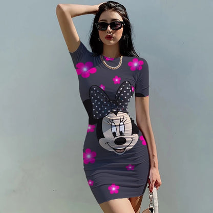Women's Dress Casual Disney Cartoon Fashion Print Mickey 3XL Elegant Dresses for Women 2024 Top Sexy Slim Fit Minnie Mouse Tight