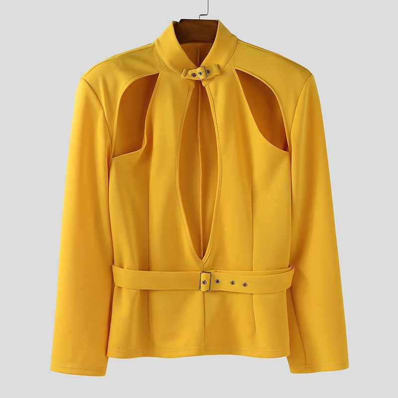 INCERUN Men Blazer Solid Stand Collar Long Sleeve Hollow Out Male Suit Streetwear Personality Fashion Casual Blazer With Belt