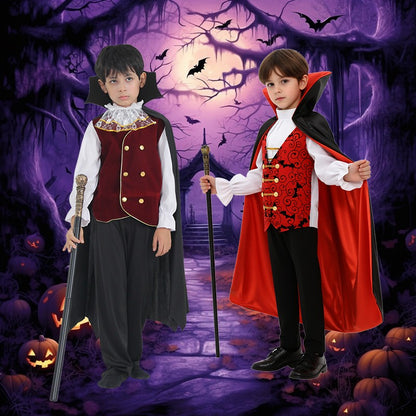 Kids Vampire Cosplay Costume for Boys Men Halloween Carnival Party Costumes with Walking Cane Stickers False Teeth