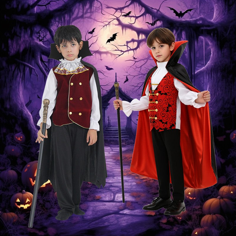 Kids Vampire Cosplay Costume for Boys Men Halloween Carnival Party Costumes with Walking Cane Stickers False Teeth