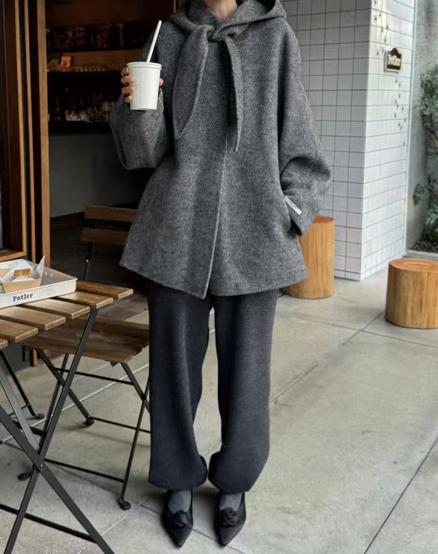 Korean Sle Woolen Coat Women's Chic Temperament Sweet Bow Tie Collar Hooded Warm Woolen Coat Long Sve Mid-Length