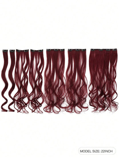 7 peças, onda grande, preto, 22 polegadas, médio, aplique de cabelo sintético com clipe
