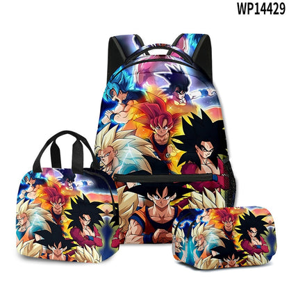 3D Print Dragon Ball Large Capacity Backpack Set Goku Super Saiyan GT Z Lunch Bag Pencil Case for Boys School Travel Picnic 20L
