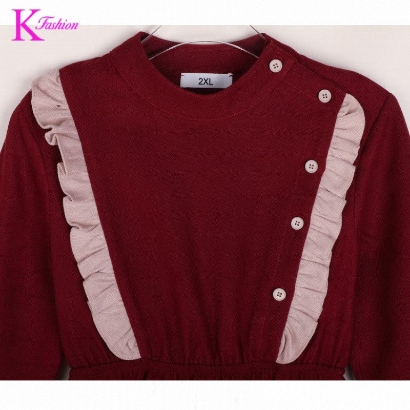 Girls' Dress New Style For  Children Stand Collar Waist-Cinching Slimming Mid-Length Dress Long Sleeve For Kids 5-12Y