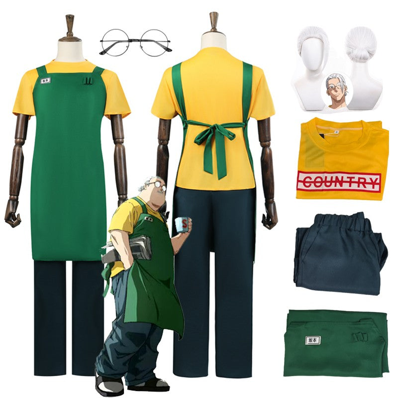 Anime Sakamoto Days Taro Sakamoto Cosplay Costume Yellow Retired T-Shirt Green Apron Glasses Halloween Party Suit For Men