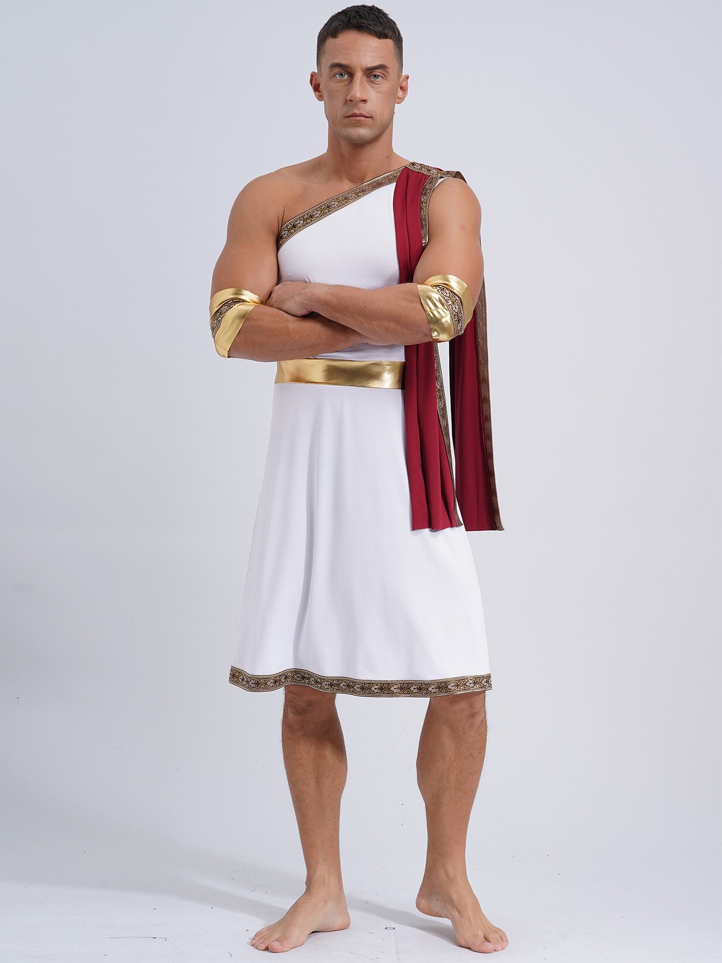 Mens Ancient Greek Toga Roman King Prince Cosplay Costume Halloween One Shoulder Embroidered Robe Dress Theme Party Outfits