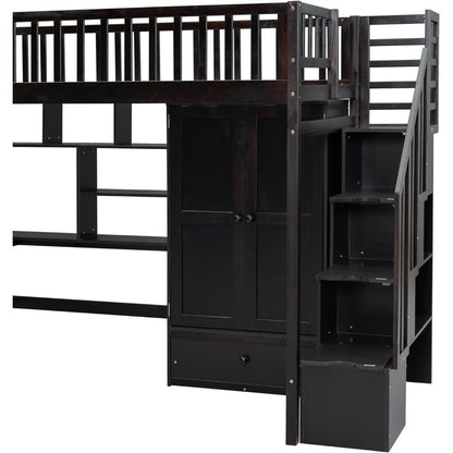 Designs Twin Loft Bed with Stairs, Wardrobe, Desk, Bookshelf and Drawers, Solid Wood Loft Bed Frame with Storage - Espresso