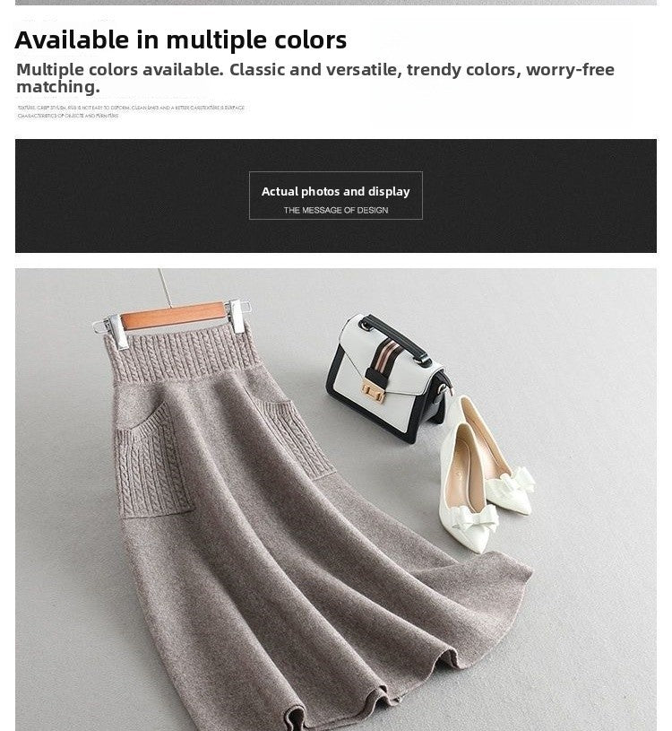Autumn Winter Women's Mid-Length Knitted Pleated Skirt High Waist A-Line Long Skirt Loose Fuzzy Wool Skirt Double ket