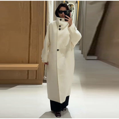 Elegant Stand Collar Long Coat Women Retro Chic Loose Single Breasted White Tweed Coats Lady 2025 Winter Casual Street Overcoats