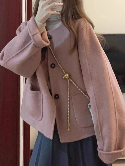 Women's Solid Color Short Style Wool Coat Autumn Winter New Foreign Style Small Fragrance Unique Good-looking Short Suit Coat