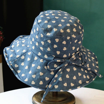 Chapéu feminino de verão, estampa de coração, aba grande para proteção solar, chapéu de sol de algodão e linho à prova de sol, chapéu de pescador dobrável