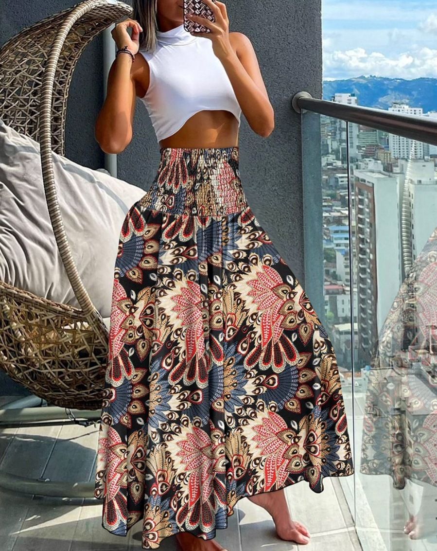 Plus Size European and American Cross-border Summer New Fashion Print High Waist Slim Skirt