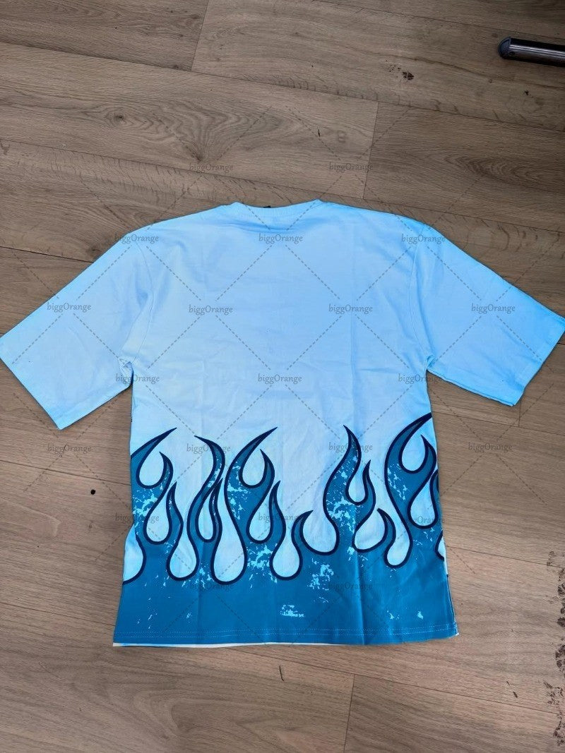 High Street Trendy Clothing Retro Fashion Flame Harajuku Oversized T-shirt Men Street Hip-hop Casual Loose Short Sleeve Women