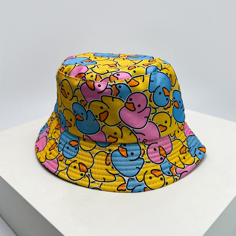New Unisex Print Yellow Duck Bucket Hats Sunshade Double Sided Wearable Fashion Cute Casual Fisherman Caps Versatile Cartoon ins