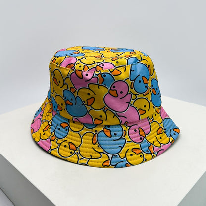 New Unisex Print Yellow Duck Bucket Hats Sunshade Double Sided Wearable Fashion Cute Casual Fisherman Caps Versatile Cartoon ins