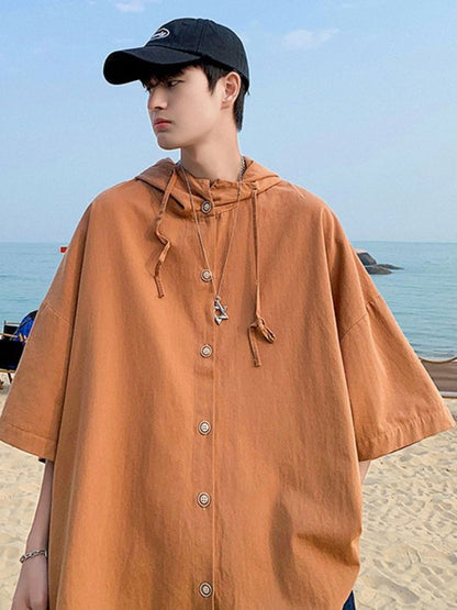 Gmiixder Hooded Short-sleeved Shirts for Men Women Japan Summer Trend Cityboy Solid Blouse Unisex Cargo Button Up Shirt Jacket