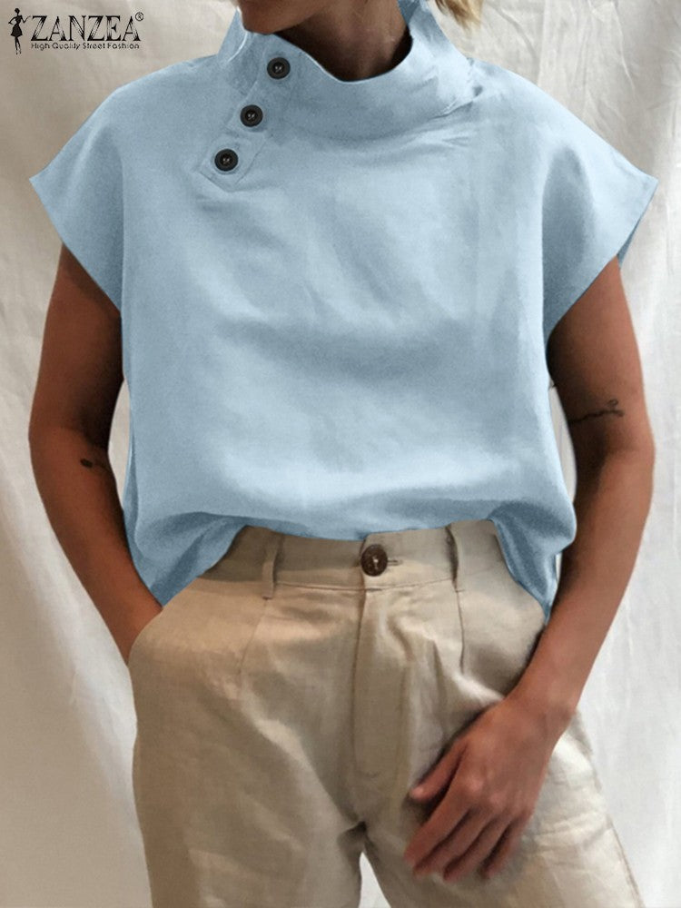 ZANZEA Fashion Women Blouses 2024 Summer Cotton Linen Blusas Mujer Stylish White Shirt Elegant Short Sleeve Tunics Lightweight