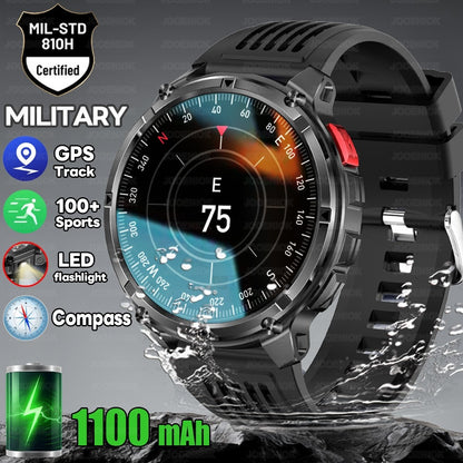 Relógio Inteligente Militar para Homens, Bateria de 1100mAh, Bússola, Monitor de Fitness, Tela AMOLED HD, Chamada BT, Smartwatch para Android IOS