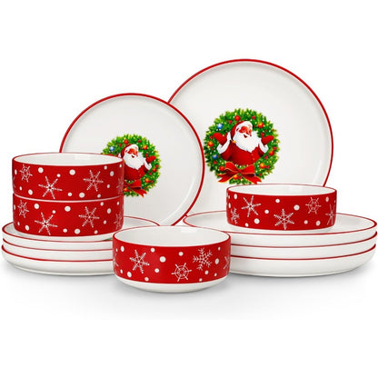 12Piece Christmas Porcelain Dinnerware Set for 4 Including Plates and Bowls Ceramic Kitchen Dining Ware Set with Santa Claus De