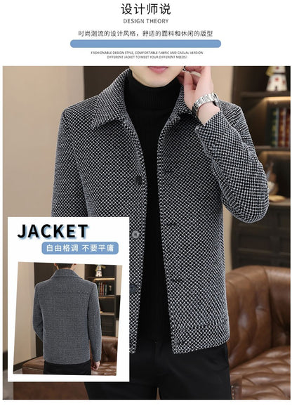 Korean Winter Woolen Jacket Men Plush and Warm Short Trench Coat Plaid Casual Business Streetwear Overcoat Social Men Clothing