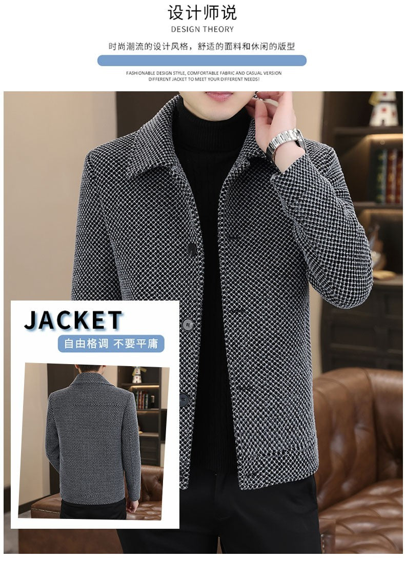 Korean Winter Woolen Jacket Men Plush and Warm Short Trench Coat Plaid Casual Business Streetwear Overcoat Social Men Clothing