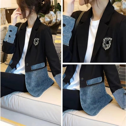 New Autumn 2025 Fashion Korean Version Loose Women Denim Jacket Splicing Suit Ladies Denim Outerwear Elegant Female Jeans Coat
