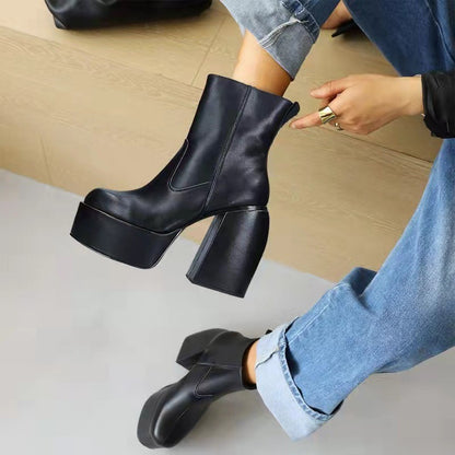 Comemore Women Punk Style Autumn Winter Chunky Platform High Boot Party Shoes Ladies Black Thick Heels Elastic Knee High Boots