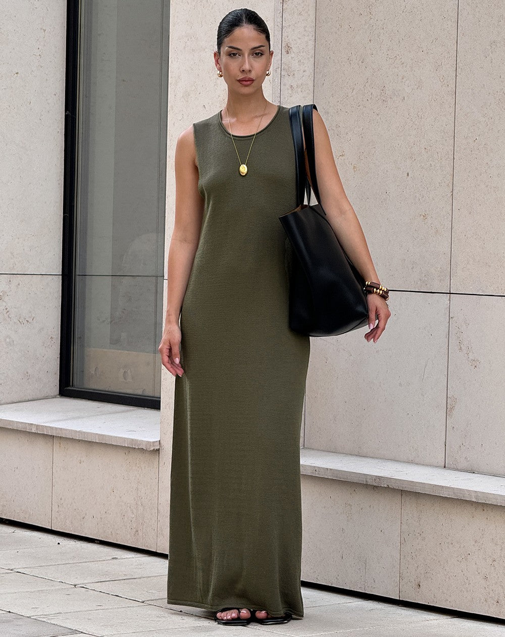 Noodle Women's Summer Knitted Dress Sleeveless Soild Long Elegant Brown Dress  O