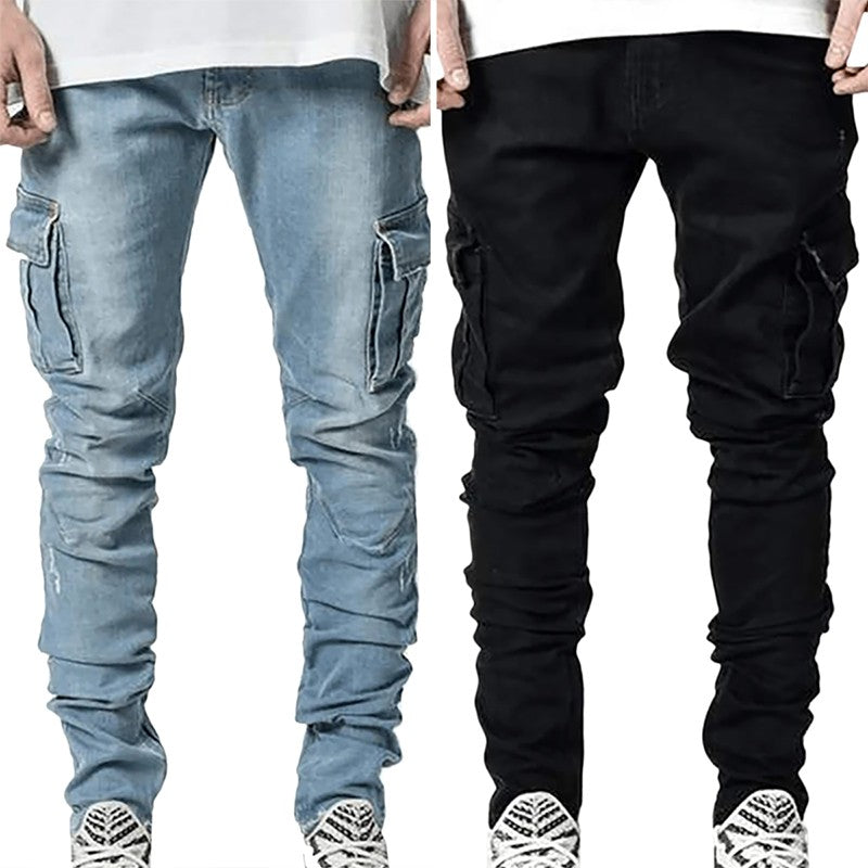 Calça Jeans Masculina Cargo Elástica Slim Fit Masculina Calça Jeans Cor Sólida Multi Bolsos Casual Skinny Calças Masculinas Roupa Masculina