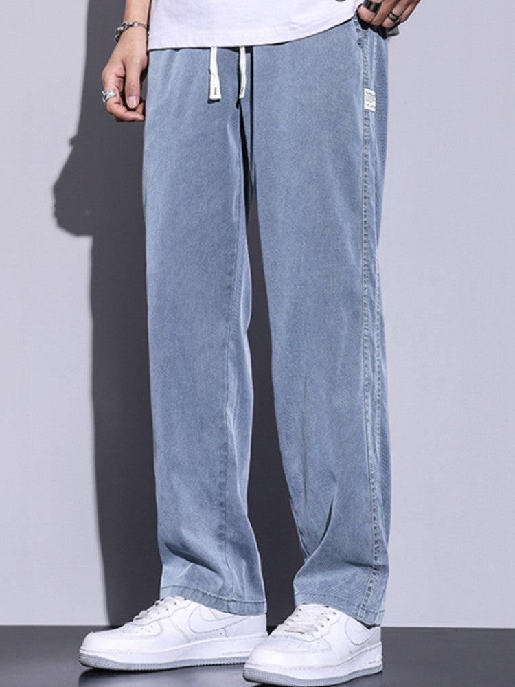 Calça Masculina de Verão Leve Fina Solta Reta Perna Larga Popular com Cordão na Cintura Elástica Coreana Tecido Lyocell Calças Folgadas