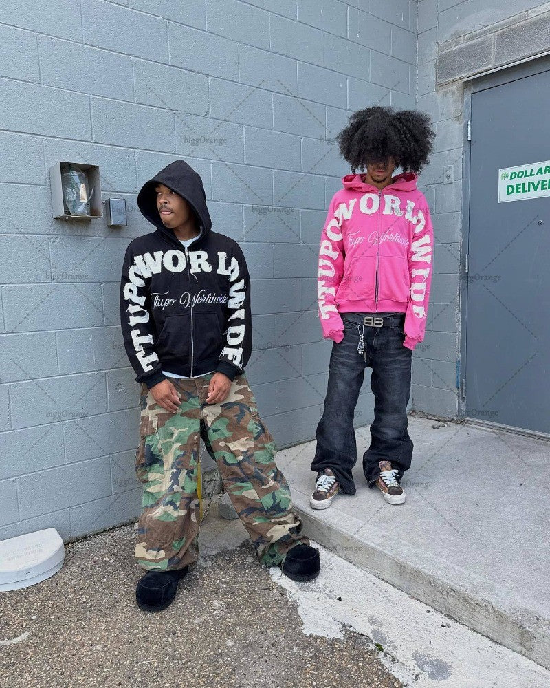 2025 Trendy Retro Harajuku Letter Embroidered Zipper Hoodie Women Punk Oversized Sweatshirt Men Hip-hop Casual Loose Streetwear