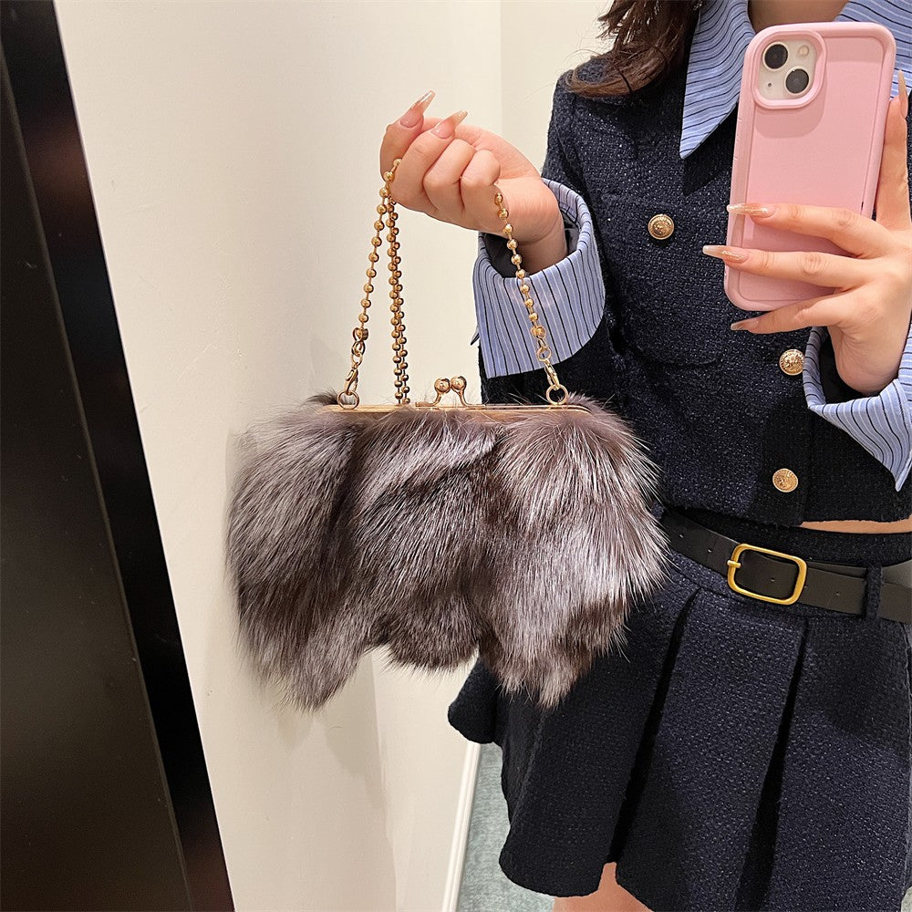 MOODS Soft Plush Evening Bags For Elegant Women Fox Fur Dinner Party Clutch Chain Crossbody Winter Warm Luxury Designer Handbags