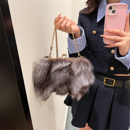 MOODS Soft Plush Evening Bags For Elegant Women Fox Fur Dinner Party Clutch Chain Crossbody Winter Warm Luxury Designer Handbags
