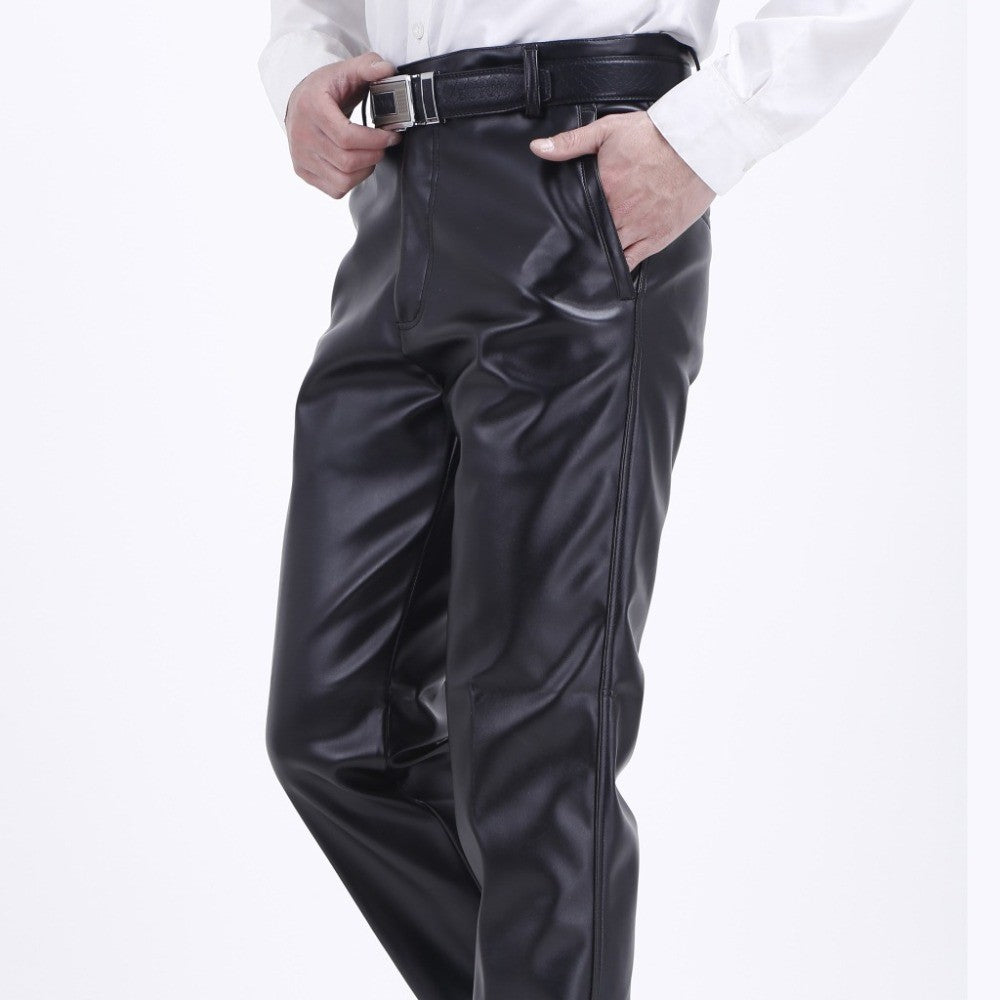 Men's Leather Pants Straight Fit Elastic PU Leather Trousers Motorcycle Pants Thin