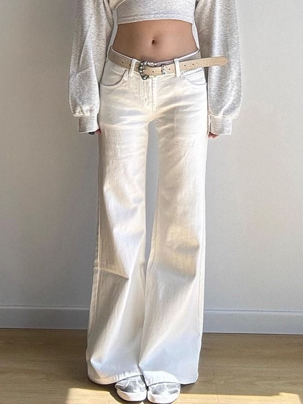 Low Waist White Denim Jeans Women's Spring Autumn 2025 New Design Slim Fit Bell Bot Wide Leg Pants Stand Fit Jeans