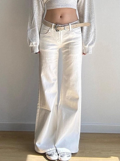 Low Waist White Denim Jeans Women's Spring Autumn 2025 New Design Slim Fit Bell Bot Wide Leg Pants Stand Fit Jeans