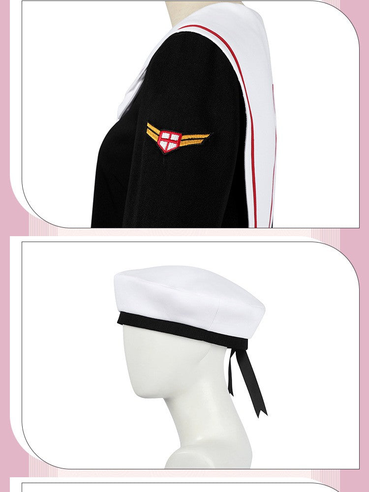 Women Spring Summer Sailor JK Uniform Full Set, Japanese Academy Outfit with Top Pleated Skirt Hat Bow Tie Socks