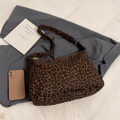 Trendy Casual Soft Textile Women's Shoulder Bag Large Capacity Leopard Print Female Retro Crossbody Bag For Commute Outings