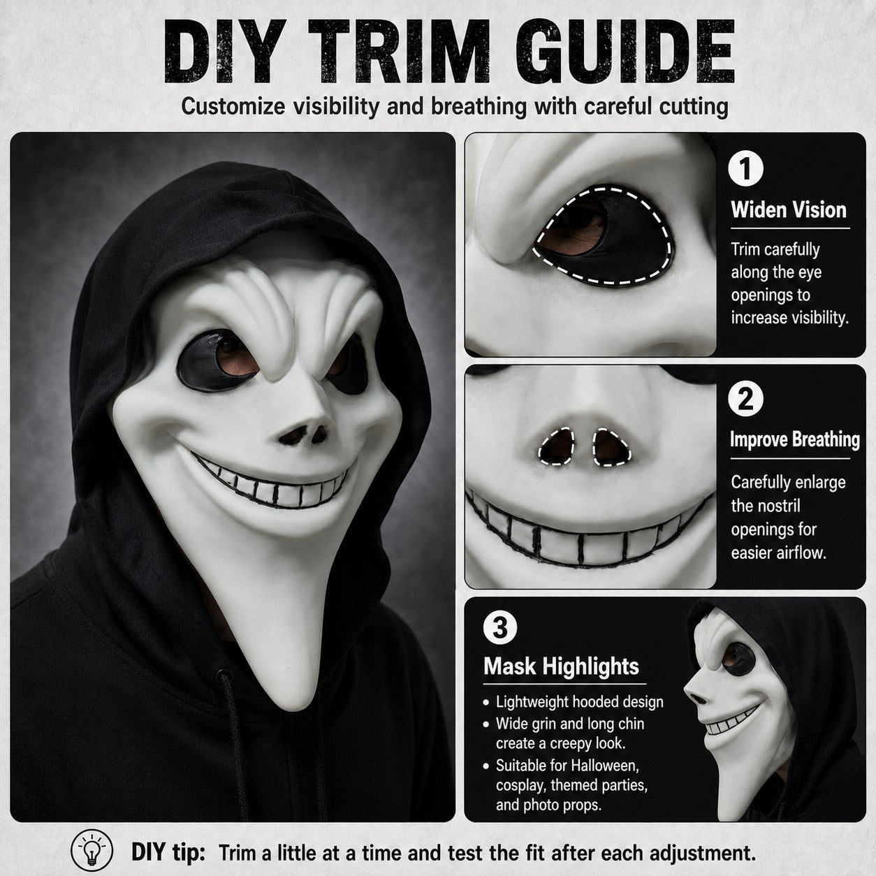 Ghost Face Mask with Hood Halloween Costume Scary Movie Funny Killer Cosplay Prop for Adults Horror Party