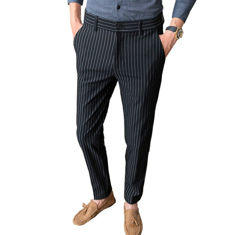 White Vertical Stripes Suit Pants Men, Blue Black Trousers, Fashion Slim Men's Pant Business Pantalones Hombre Autumn New Slacks